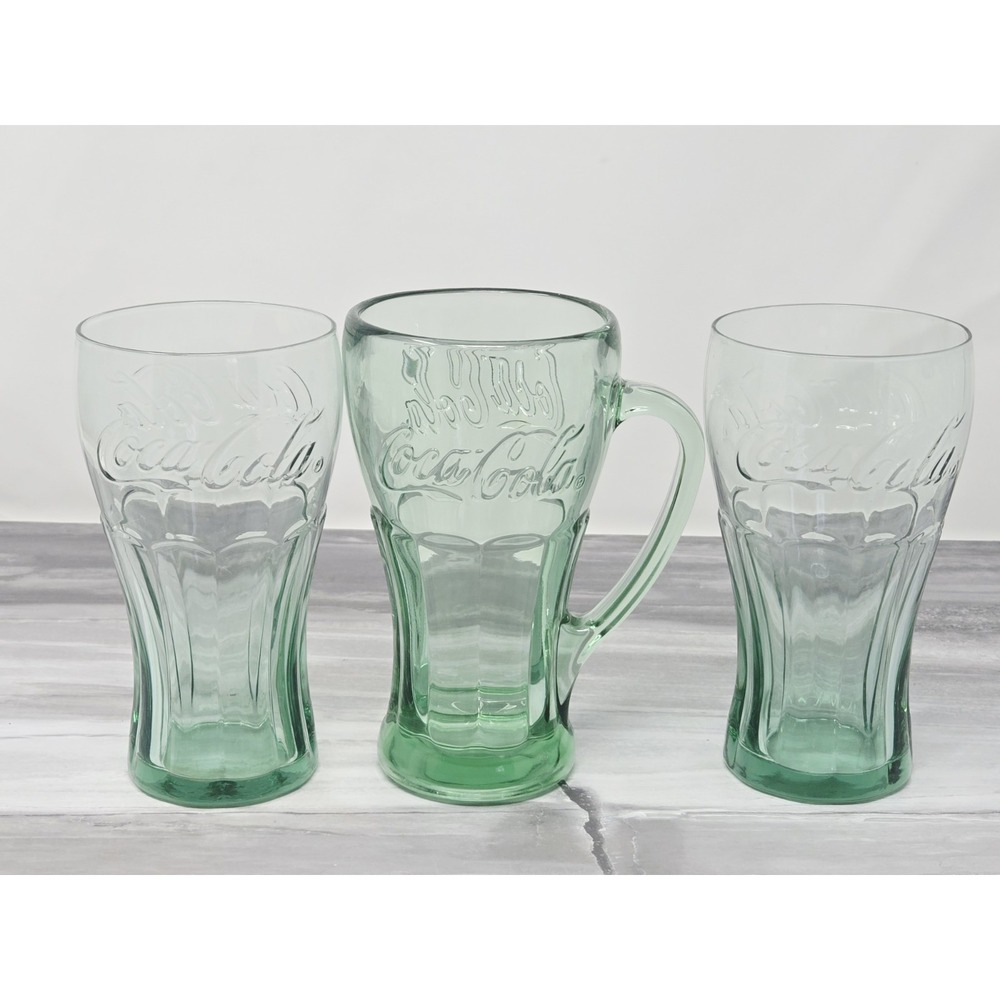 Vintage Coca-Cola Heavy Green Glass Libby Cup Mug with Handle‎ 16 Ounce Lot Of 3
